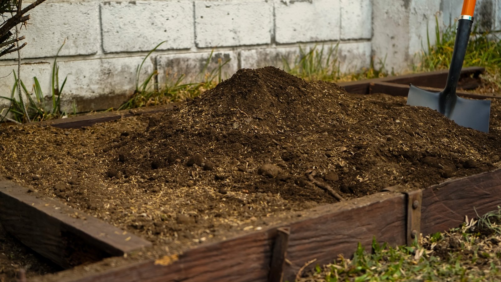 Close-up of a short wooden raised bed filled with fresh soil mixed with compost. A large garden shovel is stuck into the raised bed.