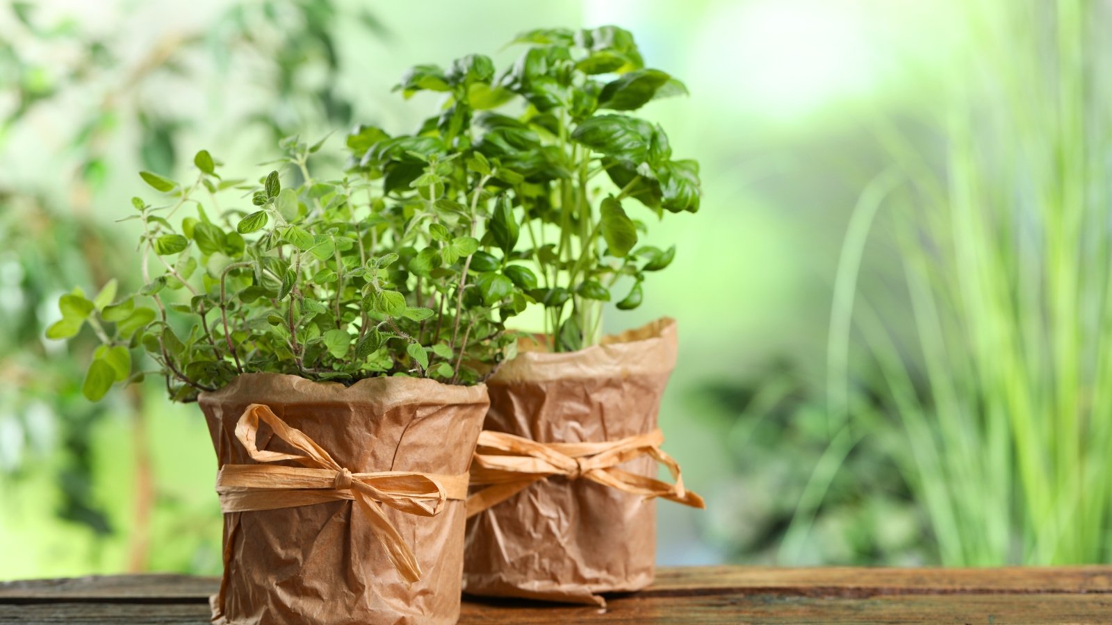 Close-up of basil and oregano, each growing in separate pots wrapped in craft paper, presenting lush green foliage with aromatic leaves.