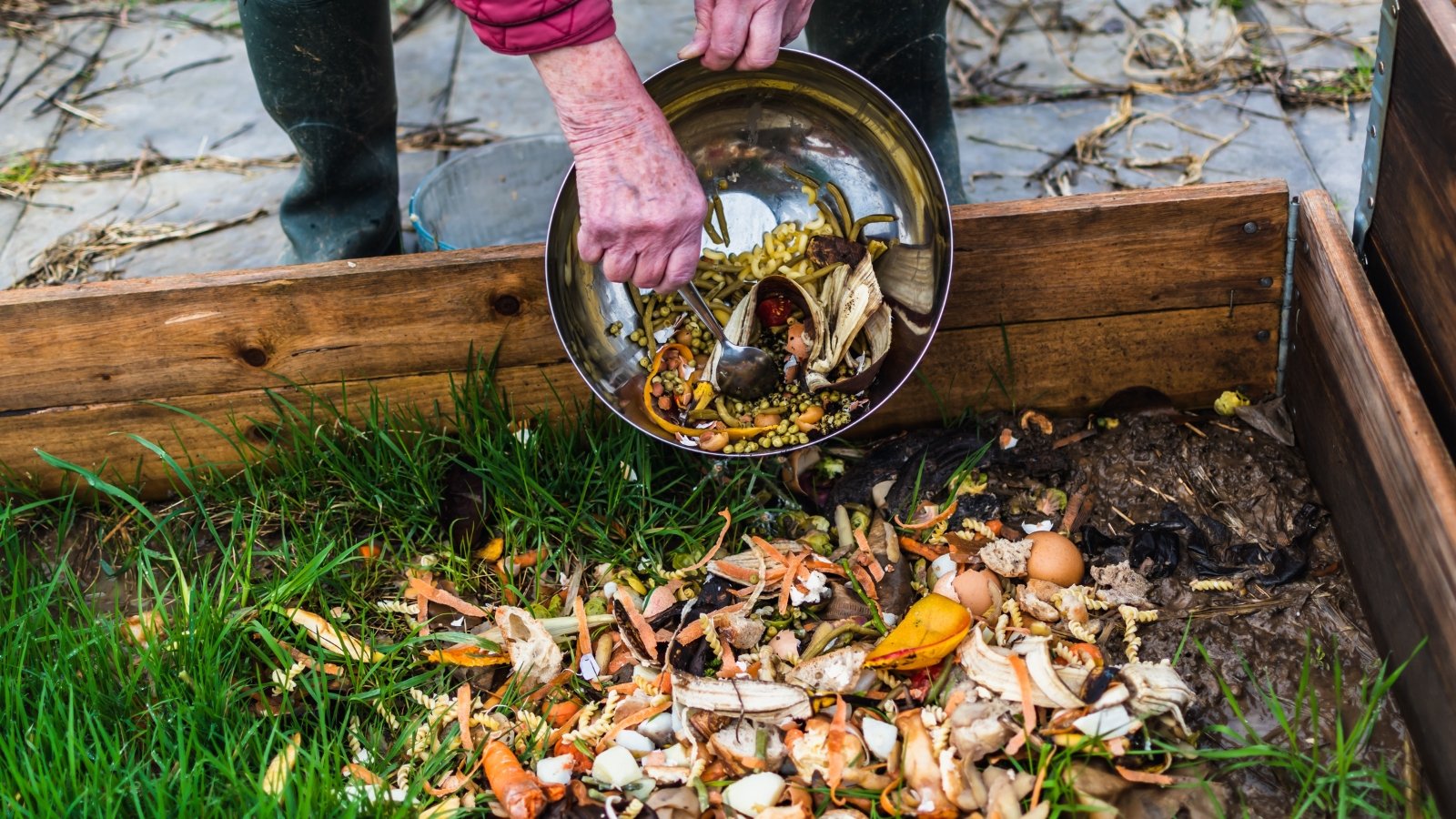 Close-up of an elderly woman pouring kitchen waste from an iron bowl into a large wooden composter bin.