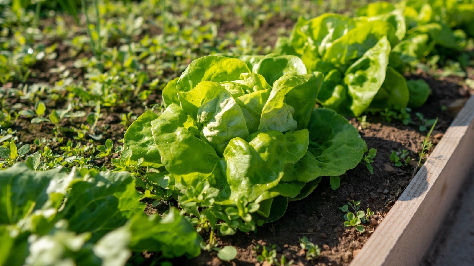Fresh green lettuce leaves grow in neat rows, thriving within a wooden raised bed, soaking up the warm sunlight, poised for harvest in a flourishing garden.