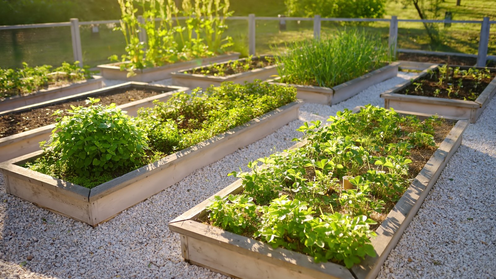 kitchen garden plants. View of a garden with wooden raised beds containing a variety of herbs, vegetables and fruit plants.