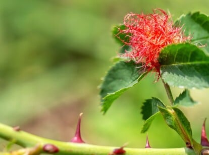 Close-up of a Mossy rose gall on a rose bush against a blurred green garden background. Mossy rose gall appear as abnormal growths on rose plants, resembling small, moss-covered balls. This gall is a rounded structure covered with a moss-like coating of a reddish-green color.