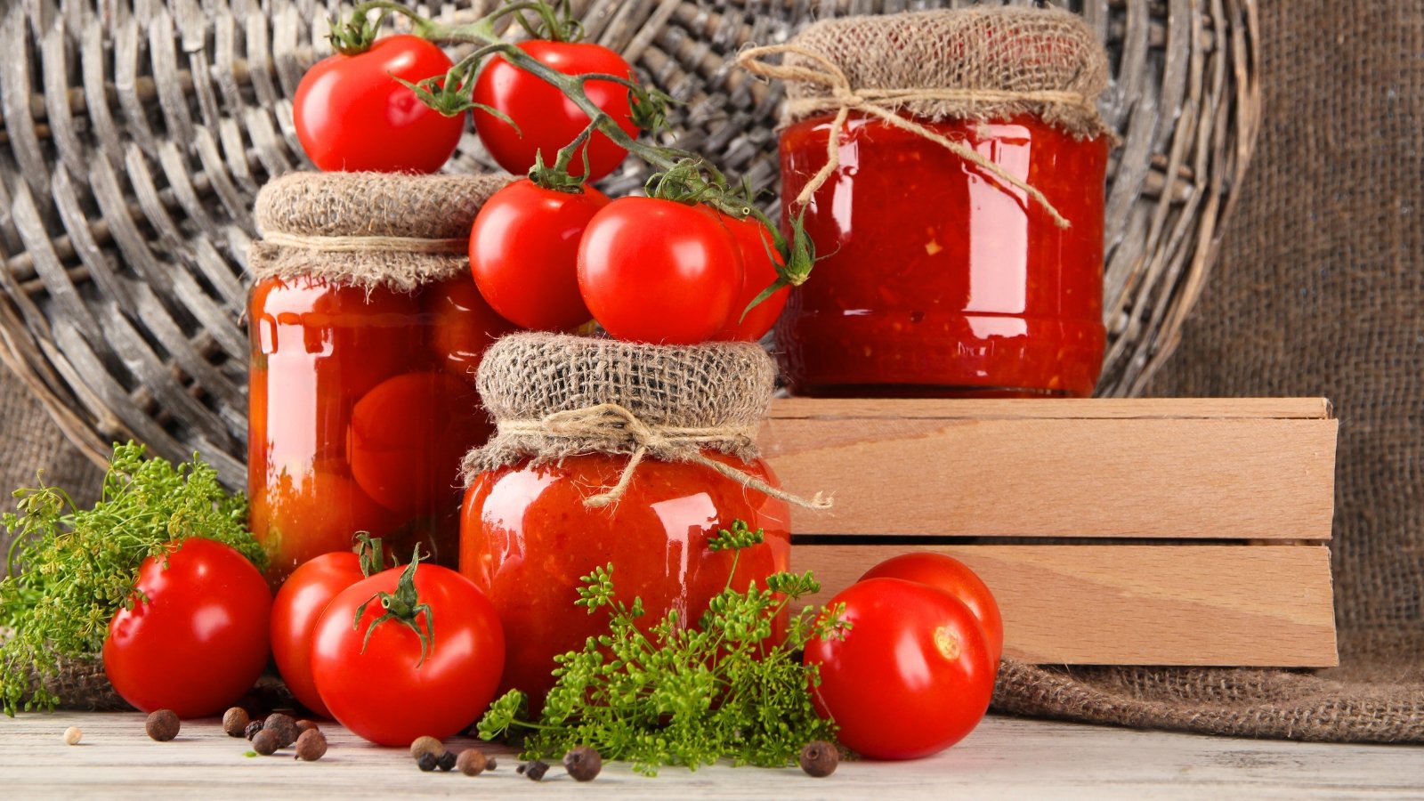 sauce canning tomatoes. Displayed jars of canned tomatoes and tomato sauce on a table with clusters of fresh tomatoes and a bunch of fresh dill.