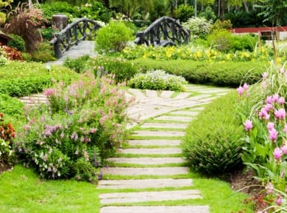 A beautiful garden pathway curves through the landscape.